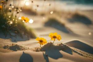 foto sfondo sabbia, il spiaggia, il sole, il mare, il sabbia, il fiori,. ai-generato