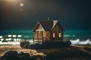 un' miniatura Casa su il spiaggia a notte. ai-generato foto