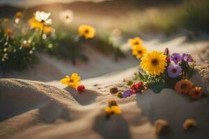 foto sfondo sabbia, fiori, il sole, il spiaggia, il sabbia, fiori, il spiaggia. ai-generato