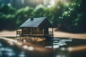 un' piccolo Casa nel il mezzo di un' lago. ai-generato foto