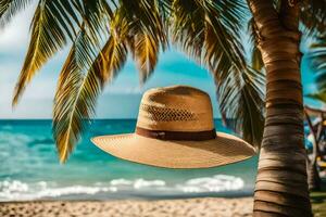 un' cappello sospeso a partire dal un' palma albero su il spiaggia. ai-generato foto