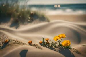 il spiaggia, fiori, sabbia, fiori, spiaggia, fiori, sabbia, fiori, spiaggia,. ai-generato foto
