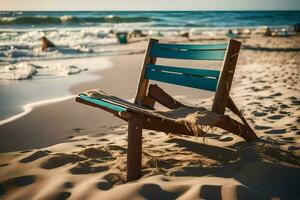 un' di legno sedia si siede su il spiaggia vicino il oceano. ai-generato foto