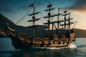 un' pirata nave nel il oceano a tramonto. ai-generato foto