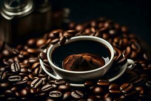 un' tazza di caffè è circondato di caffè fagioli. ai-generato foto