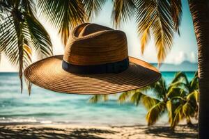 un' cappello sospeso a partire dal un' palma albero su un' spiaggia. ai-generato foto