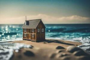 un' miniatura Casa su il spiaggia. ai-generato foto