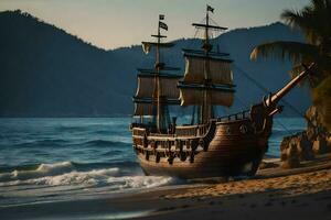 un' pirata nave su il spiaggia. ai-generato foto
