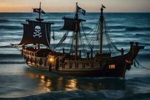 un' pirata nave è andare in barca nel il oceano a tramonto. ai-generato foto