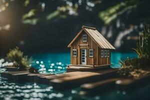 un' miniatura Casa su un' bacino nel il acqua. ai-generato foto