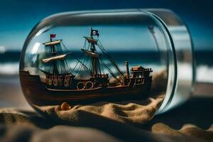 un' miniatura nave nel un' bicchiere bottiglia su il spiaggia. ai-generato foto