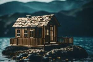 un' miniatura di legno Casa su un' roccia nel il acqua. ai-generato foto