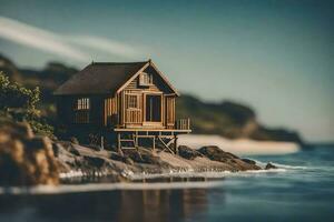 un' minuscolo di legno Casa su il spiaggia. ai-generato foto