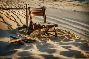 un' di legno sedia si siede su il sabbia nel il mezzo di il oceano. ai-generato foto