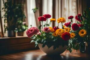 un' vaso di fiori seduta su un' di legno tavolo. ai-generato foto