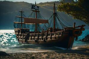 un' pirata nave è su il spiaggia vicino il acqua. ai-generato foto