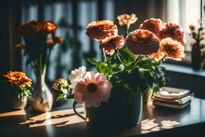 fiori nel un' vaso su un' tavolo. ai-generato foto