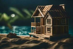 un' miniatura di legno Casa su il spiaggia a notte. ai-generato foto