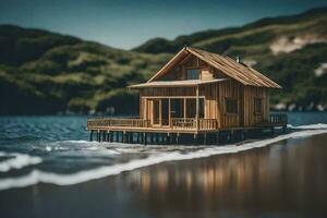 un' minuscolo di legno Casa su il spiaggia. ai-generato foto