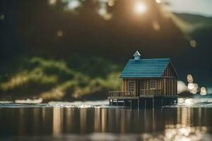 un' piccolo Casa su un' piccolo isola nel il mezzo di un' lago. ai-generato foto