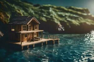 un' miniatura Casa su un' bacino nel il oceano. ai-generato foto