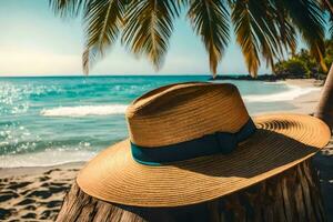 un' cappello si siede su un' albero ceppo su il spiaggia. ai-generato foto