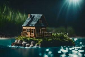 un' miniatura Casa su un isola nel il acqua. ai-generato foto