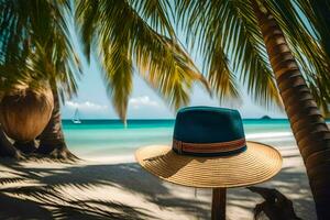 un' cappello si siede su un' di legno inviare vicino palma alberi su un' spiaggia. ai-generato foto