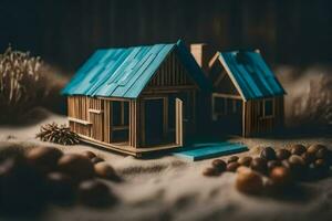 un' miniatura di legno Casa con blu tetto. ai-generato foto