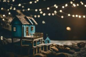 un' miniatura Casa su un' roccia con luci. ai-generato foto