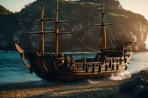 un' pirata nave è su il spiaggia vicino un' scogliera. ai-generato foto