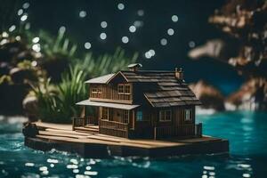 un' miniatura Casa su un' piccolo isola nel il acqua. ai-generato foto