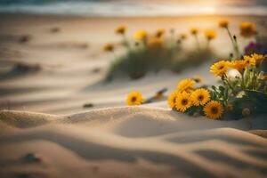 foto sfondo sabbia, il spiaggia, fiori, il sole, il mare, il sabbia, il. ai-generato