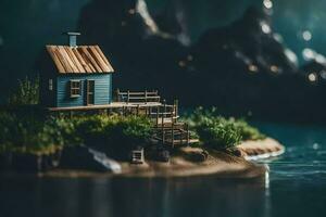 un' miniatura Casa su un isola nel il mezzo di il acqua. ai-generato foto