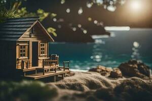 un' miniatura Casa su il spiaggia con un' Visualizza di il oceano. ai-generato foto