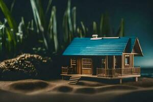 un' miniatura Casa su il spiaggia con erba e impianti. ai-generato foto