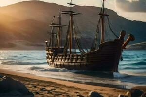 un' pirata nave è su il spiaggia a tramonto. ai-generato foto