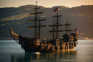 un' pirata nave è andare in barca nel il oceano. ai-generato foto