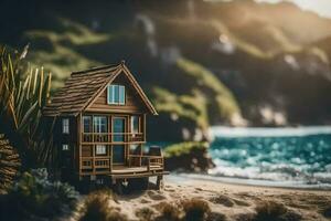 un' miniatura Casa su il spiaggia di il oceano. ai-generato foto