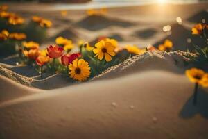 foto sfondo il spiaggia, sabbia, fiori, sole, il spiaggia, fiori, il sole,. ai-generato