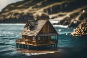 un' miniatura Casa su il spiaggia. ai-generato foto