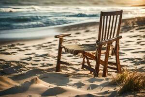 un' di legno sedia si siede su il spiaggia a tramonto. ai-generato foto