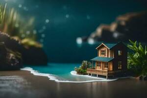 un' miniatura Casa su il spiaggia a notte. ai-generato foto