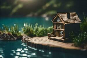 un' miniatura Casa su un' piccolo isola di il acqua. ai-generato foto