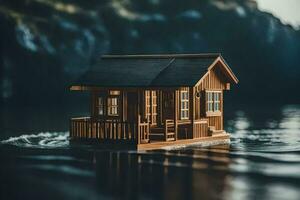 un' piccolo di legno Casa galleggiante su il acqua. ai-generato foto