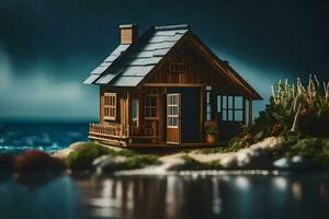 un' miniatura Casa su il riva di un' lago. ai-generato foto