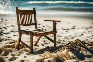 un' di legno sedia si siede su il spiaggia vicino il oceano. ai-generato foto