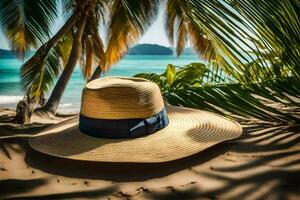 un' cappello si siede su il sabbia vicino palma alberi. ai-generato foto