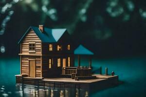 un' miniatura Casa galleggiante su il acqua. ai-generato foto