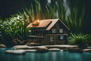 un' miniatura Casa è seduta su un' roccia di un' fiume. ai-generato foto